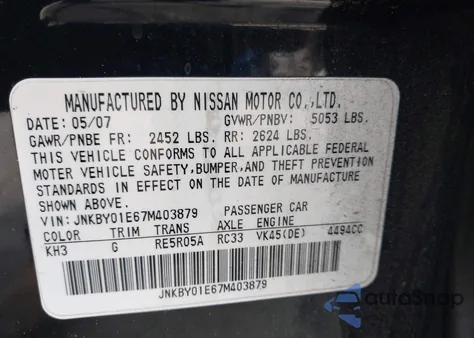 2007 Infiniti M45 Sport from USA, damaged, VIN JNKBY01E67M403879